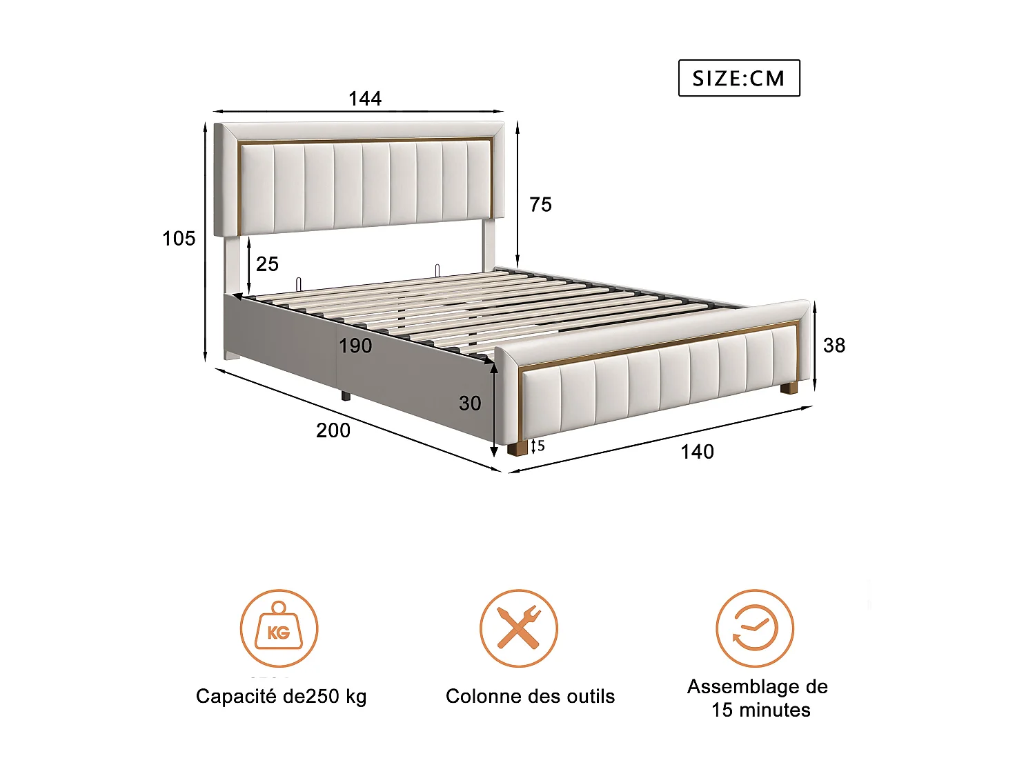 Lit coffre 140x190 cm avec sommier à latte - lit 140x190 design français avec rangement - Velours - blanc cassé