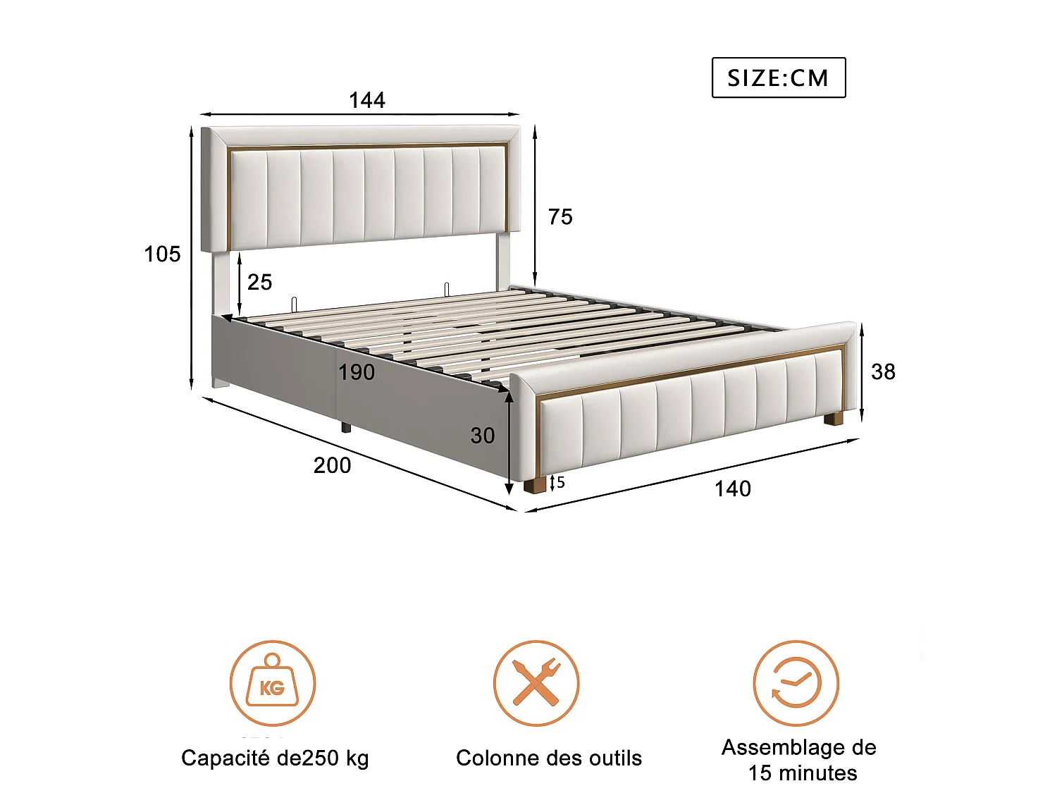 Opbergbed van 140x190 cm met lattenbodem - Frans designbed van 140x190 cm met opbergruimte - fluweel - gebroken wit