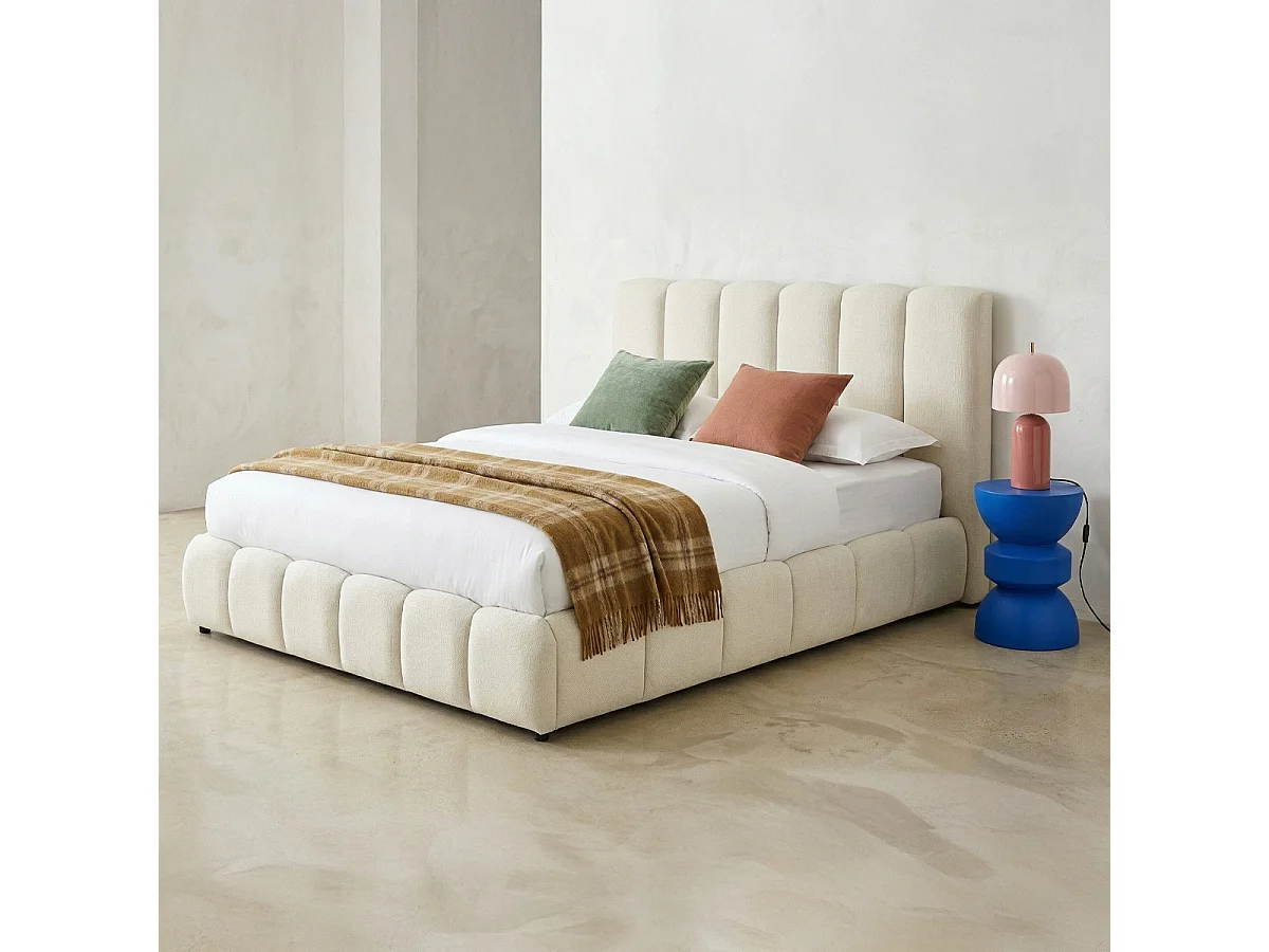 Lit coffre adulte 140x190 cm avec tête de lit capitonnée en tissu chenille beige - Nils