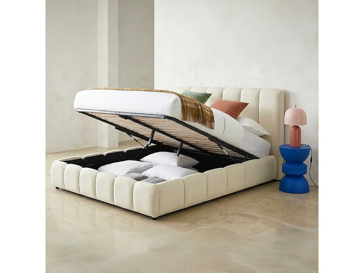Lit coffre adulte 140x190 cm avec tête de lit capitonnée en tissu chenille beige - Nils