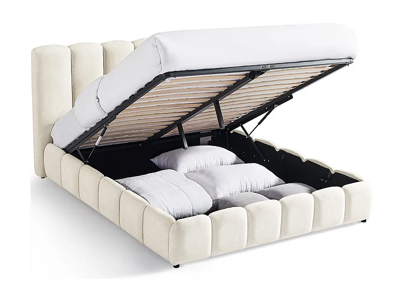 Lit coffre adulte 140x190 cm avec tête de lit capitonnée en tissu chenille beige - Nils