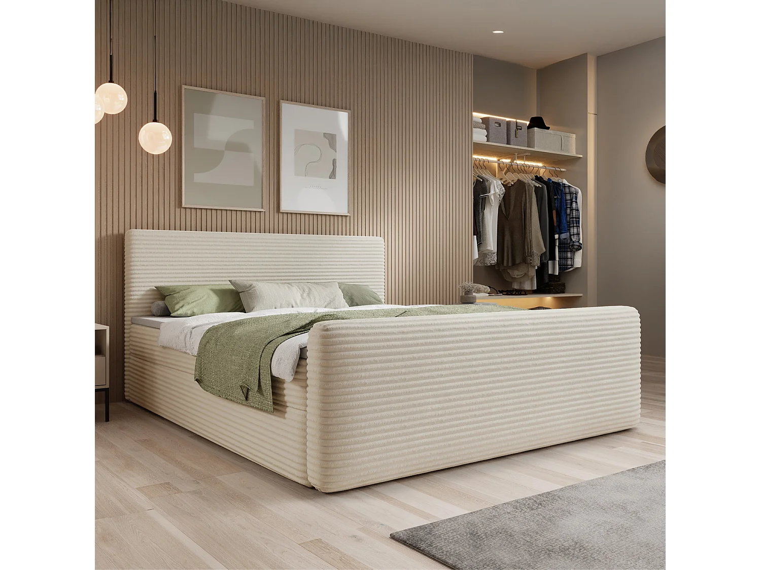 Lit coffre + matelas Napoli 160cm velours côtelé Beige