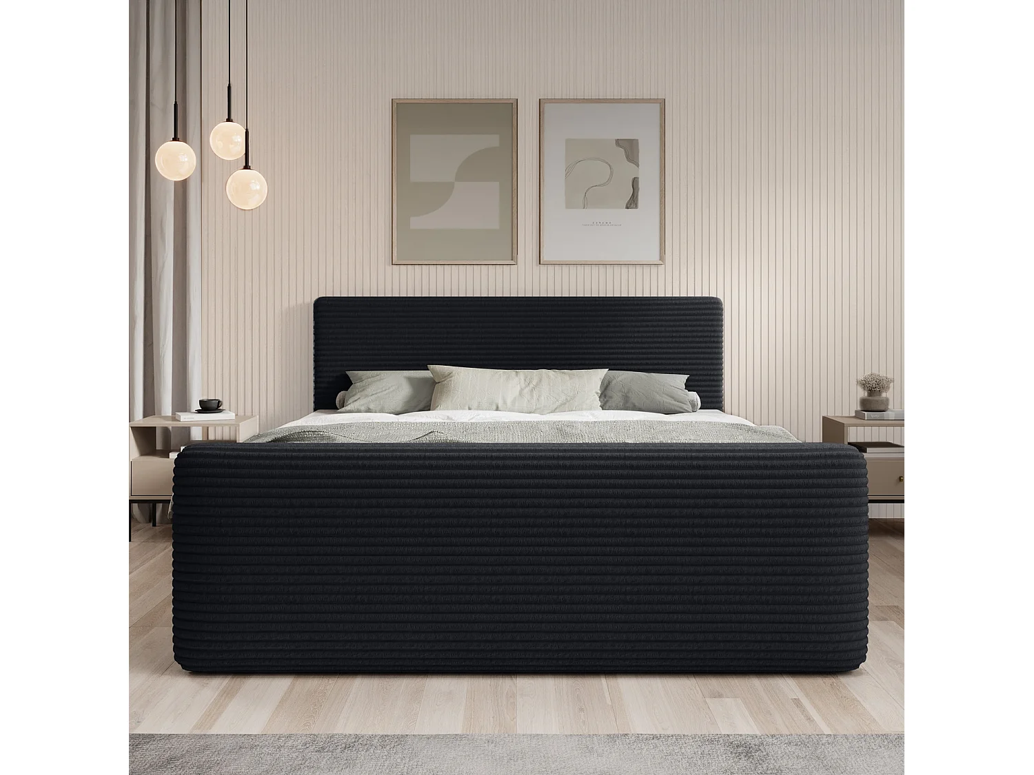 Lit coffre + matelas Napoli 180cm velours côtelé Noir