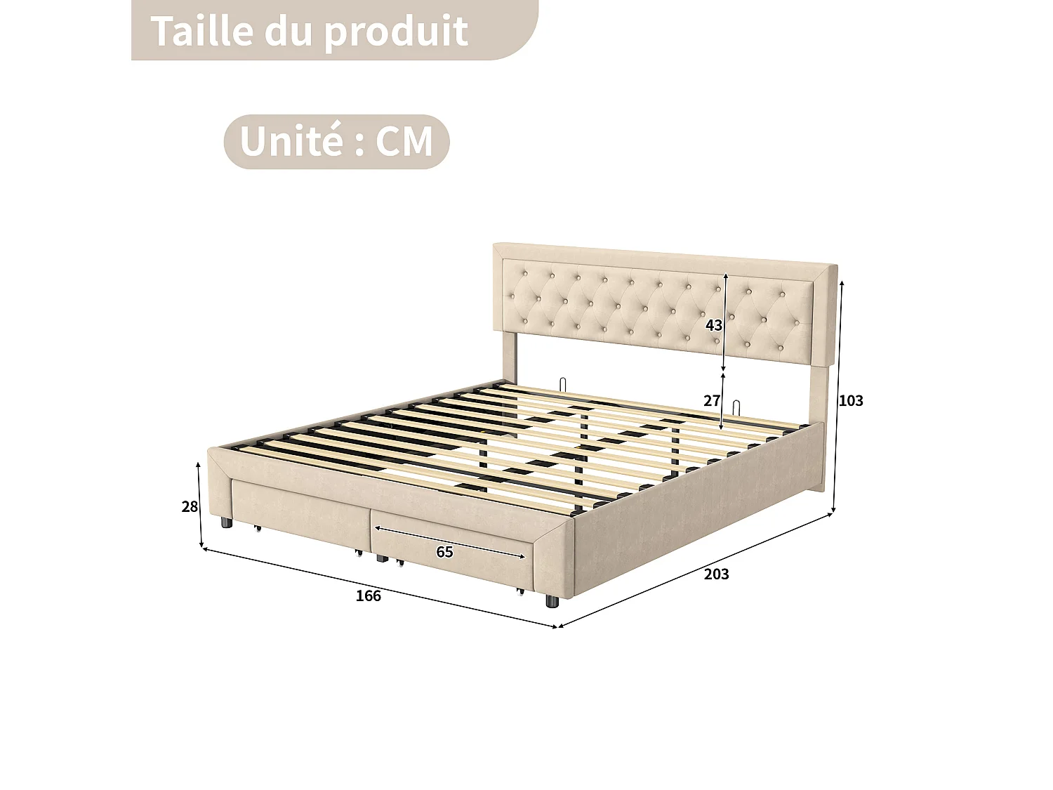 Lit coffre 180x200 cm avec tête de lit - lit adulte 180x200 cm rangements et tiroirs - sommier à Lattes - velours - beige