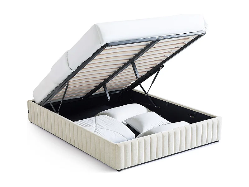 Lit coffre adulte 140x190 cm en tissu chenille beige - Balto