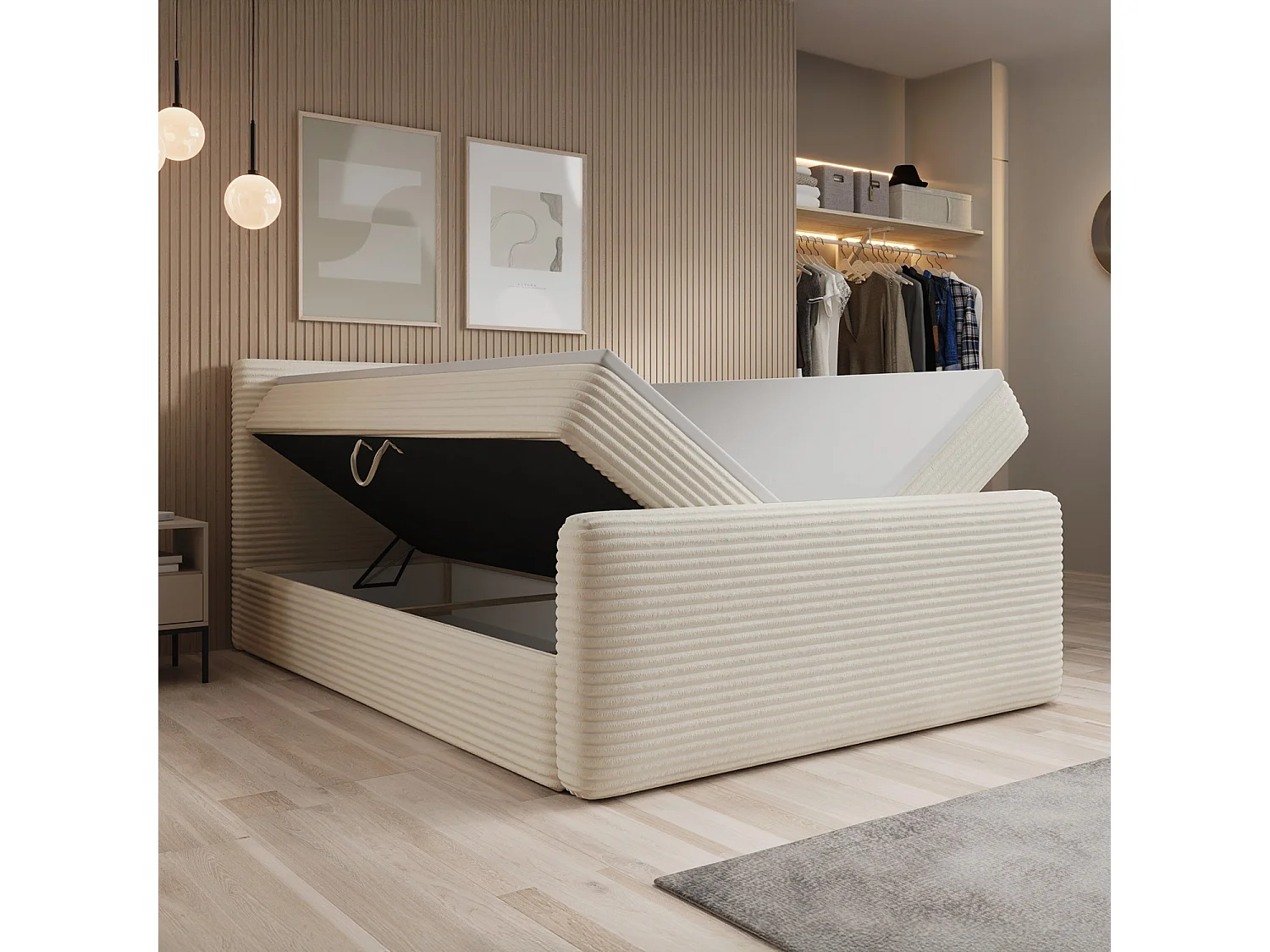 Lit coffre + matelas Napoli 180cm velours côtelé Beige
