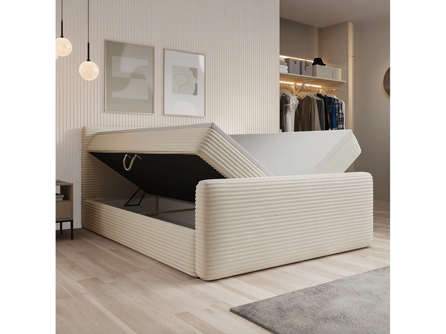 Lit coffre + matelas Napoli 180cm velours côtelé Beige