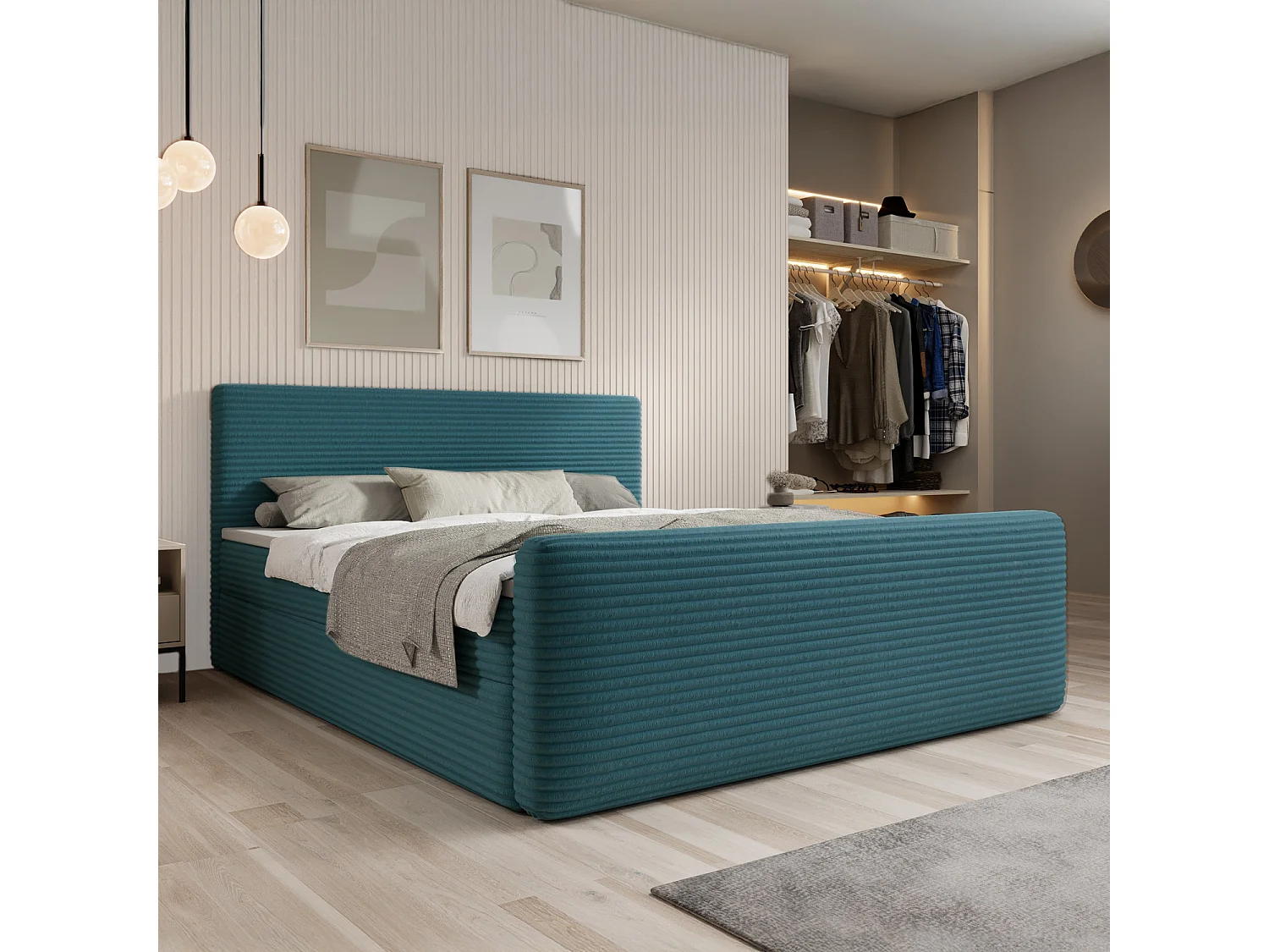 Lit coffre + matelas Napoli 140cm velours côtelé Bleu Canard
