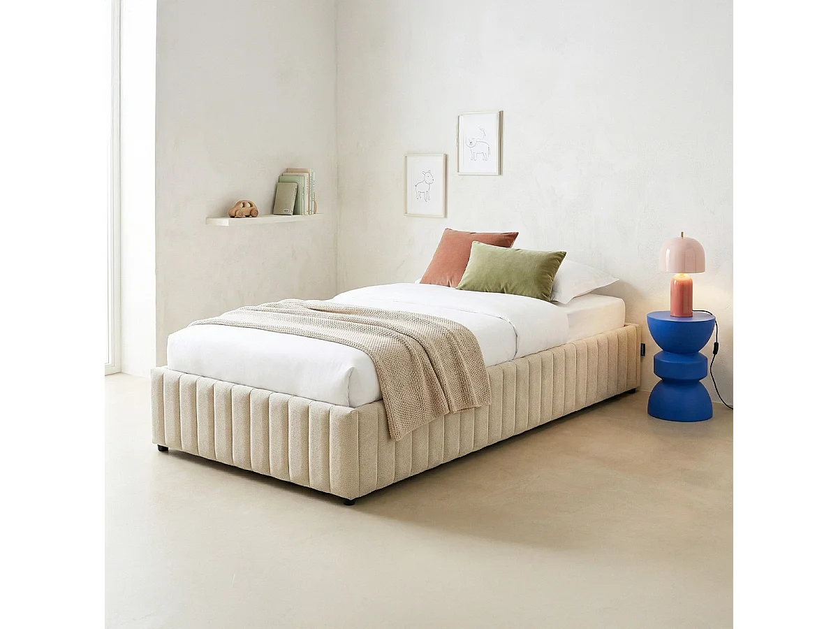 Lit coffre adulte 90x190 cm en tissu chenille beige - Balto