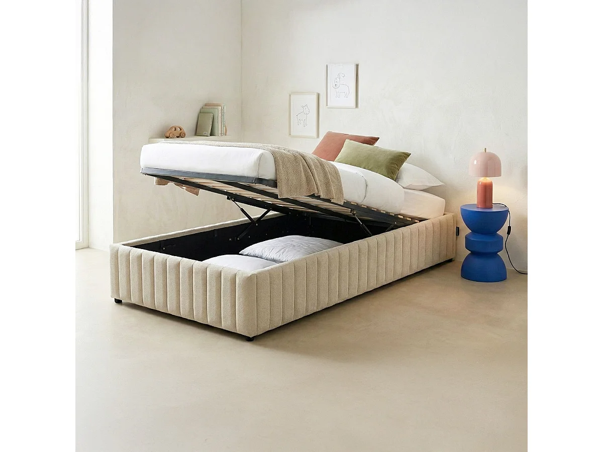 Lit coffre adulte 90x190 cm en tissu chenille beige - Balto