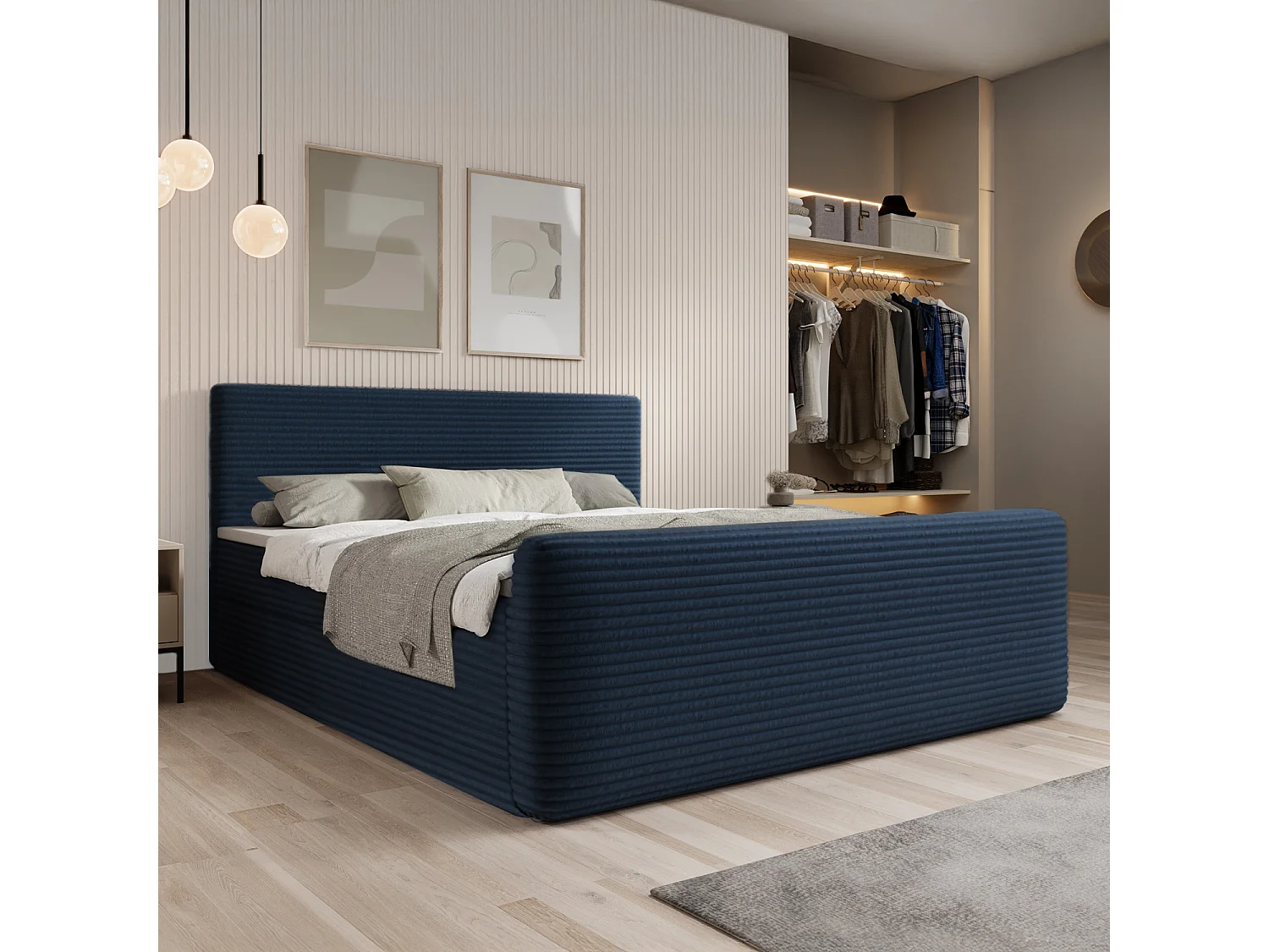 Lit coffre + matelas Napoli 180cm velours côtelé Bleu