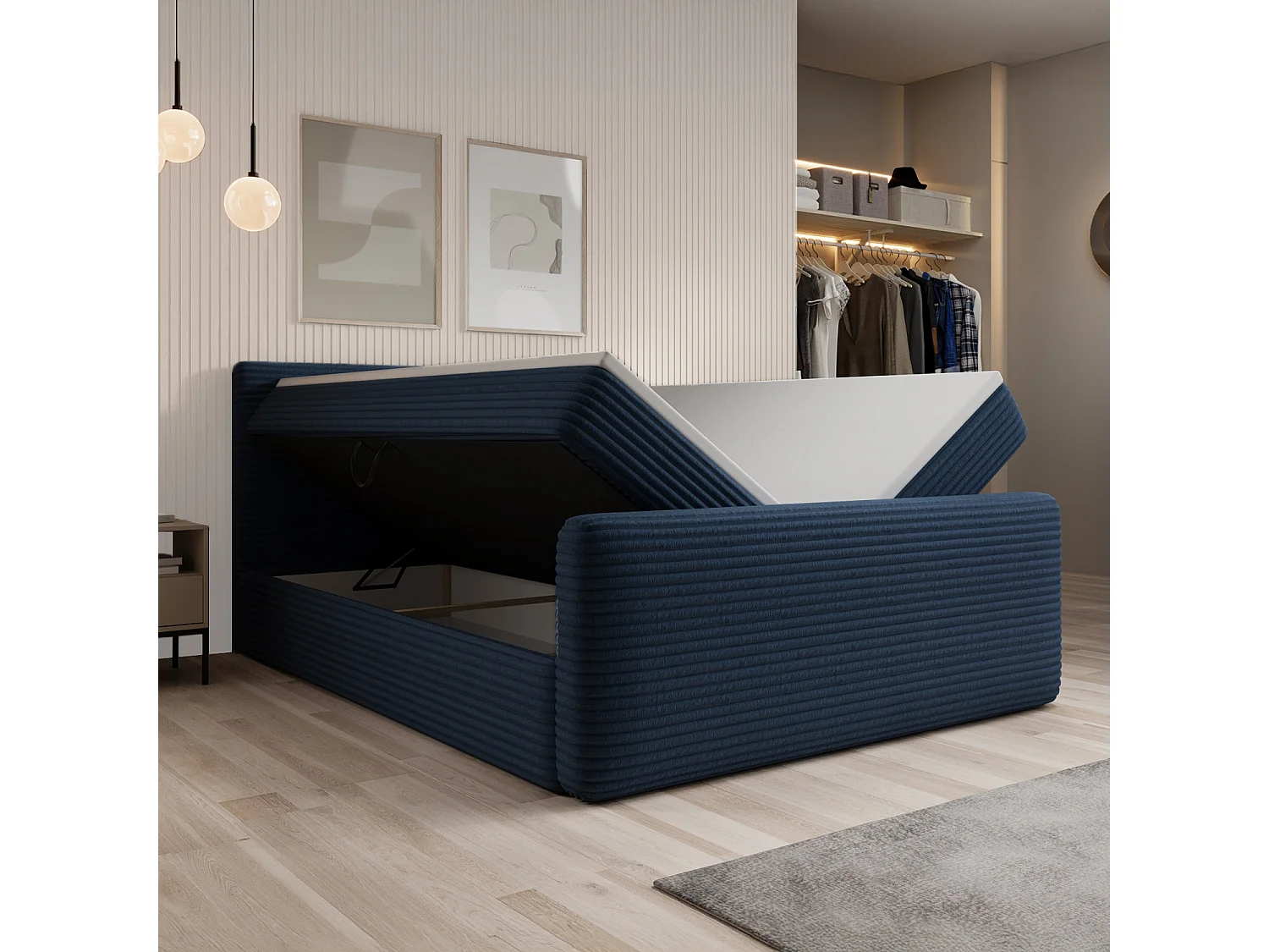 Lit coffre + matelas Napoli 180cm velours côtelé Bleu