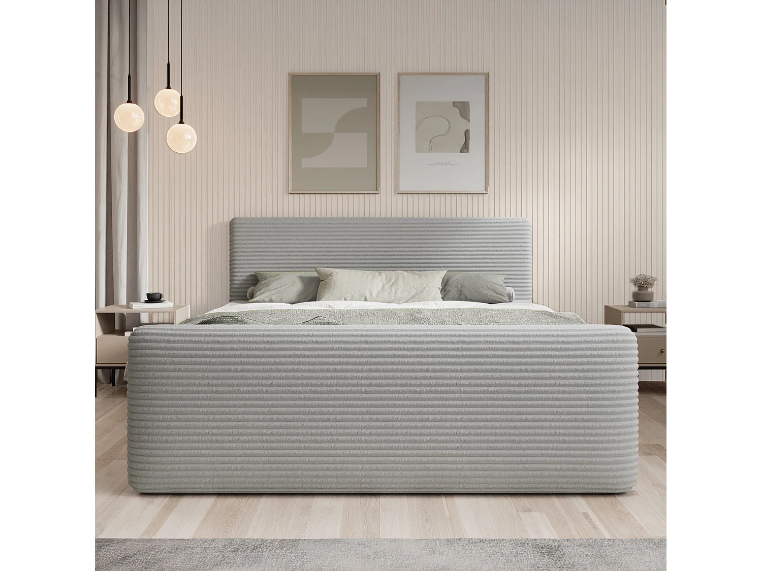 Lit coffre + matelas Napoli 160cm velours côtelé Gris Clair