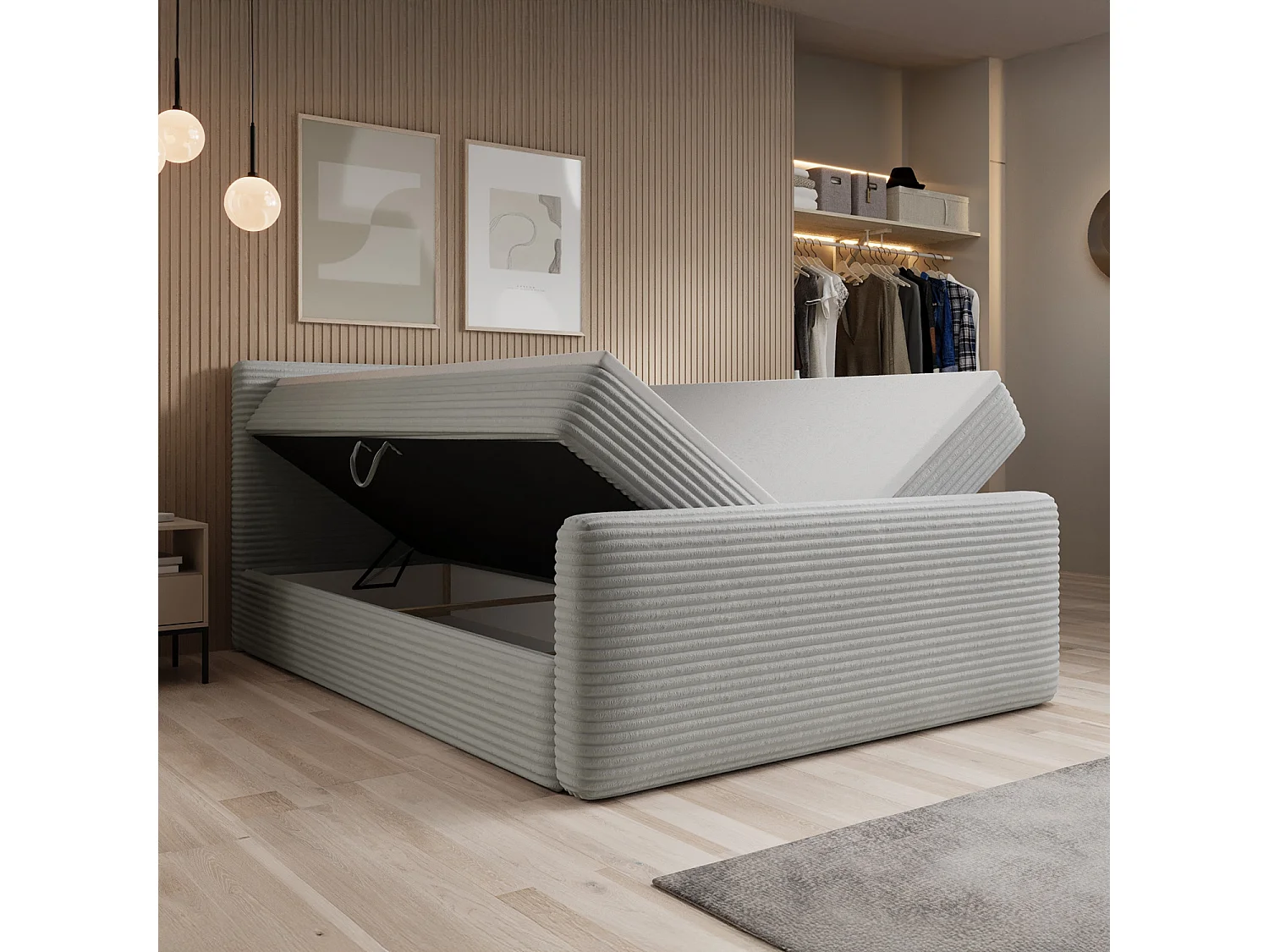 Lit coffre + matelas Napoli 160cm velours côtelé Gris Clair
