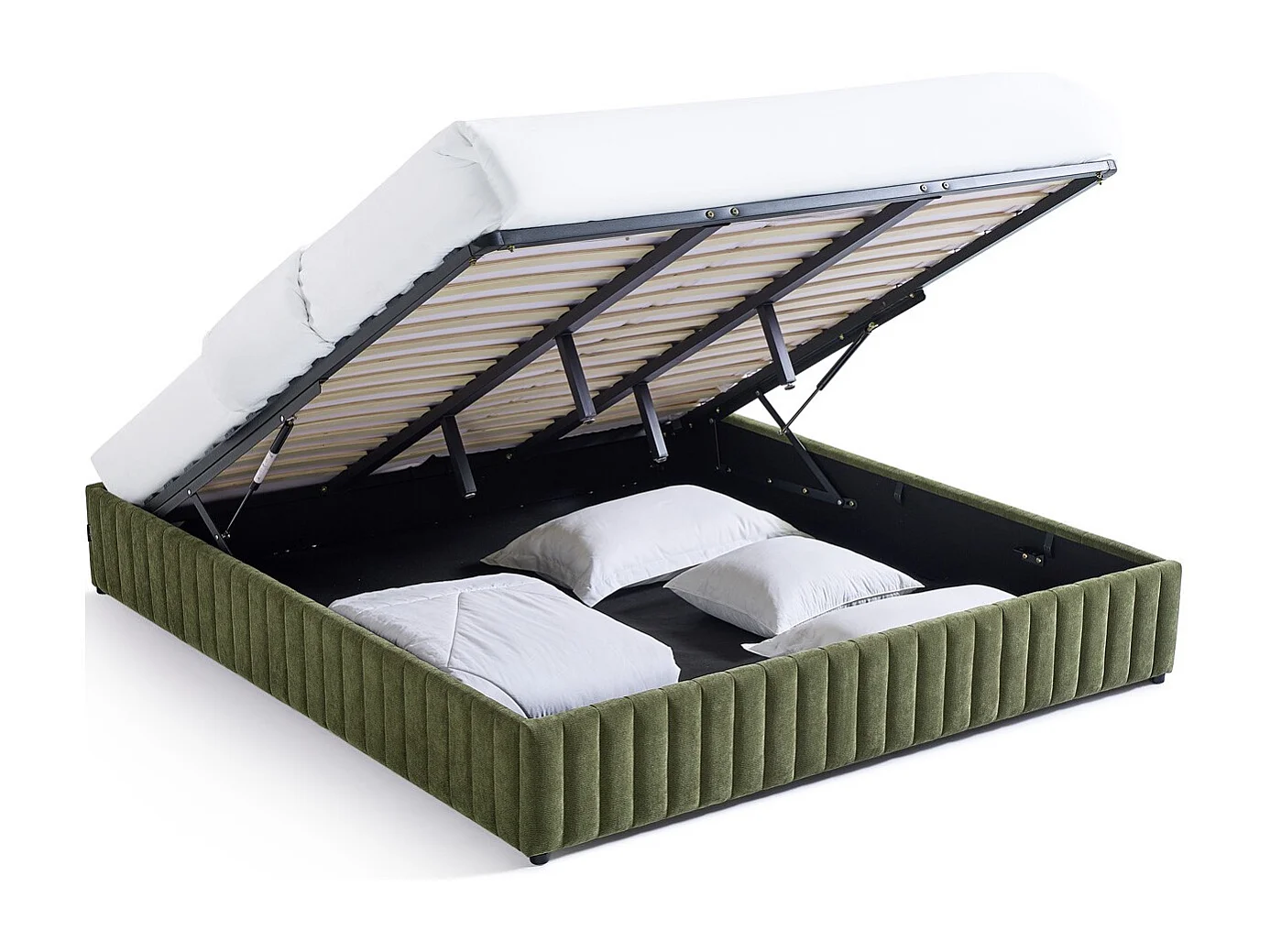 Lit coffre adulte 180x200 cm en tissu chenille vert kaki - Balto