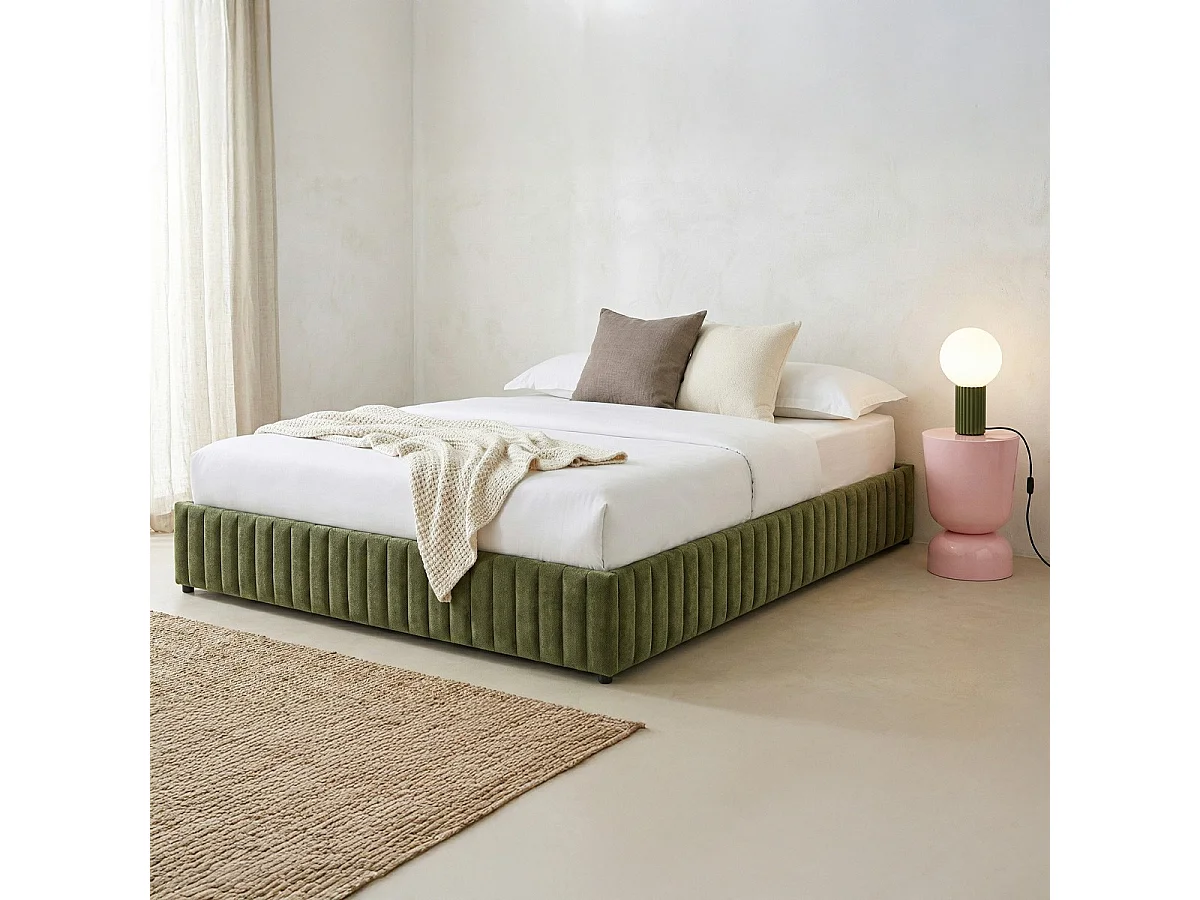 Lit coffre adulte 180x200 cm en tissu chenille vert kaki - Balto