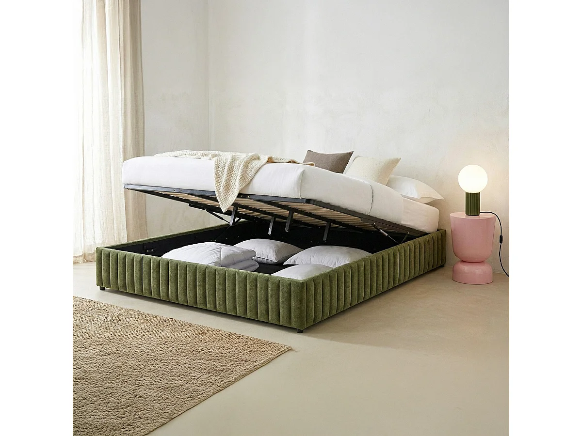 Lit coffre adulte 180x200 cm en tissu chenille vert kaki - Balto