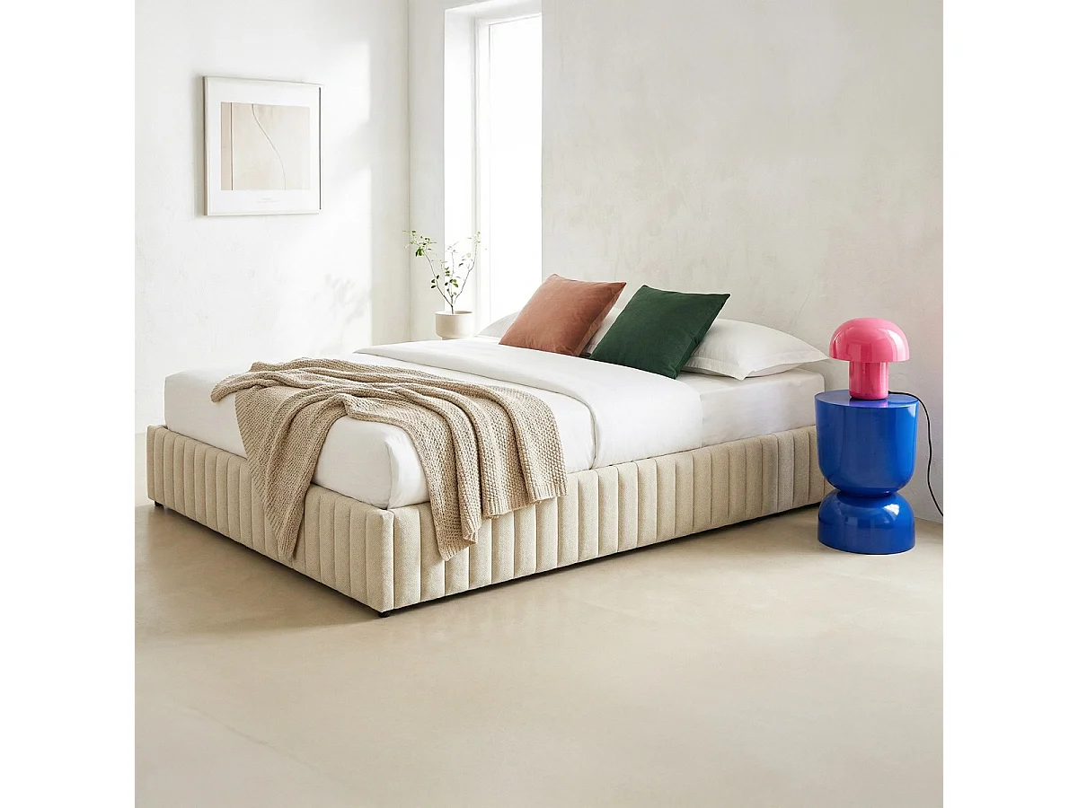 Lit coffre adulte 160x200 cm en tissu chenille beige - Balto