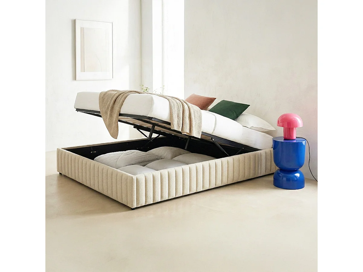 Lit coffre adulte 160x200 cm en tissu chenille beige - Balto