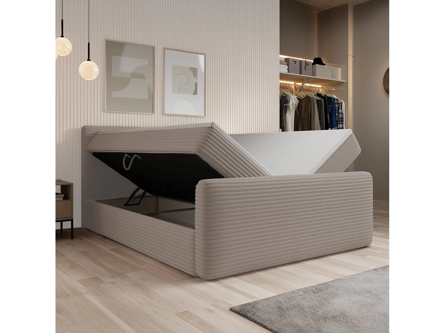 Lit coffre + matelas Napoli 140cm velours côtelé Taupe