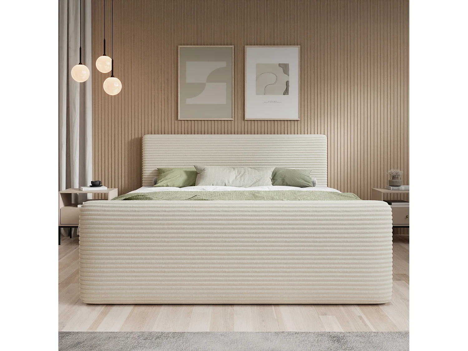 Lit coffre + matelas Napoli 140cm velours côtelé Beige