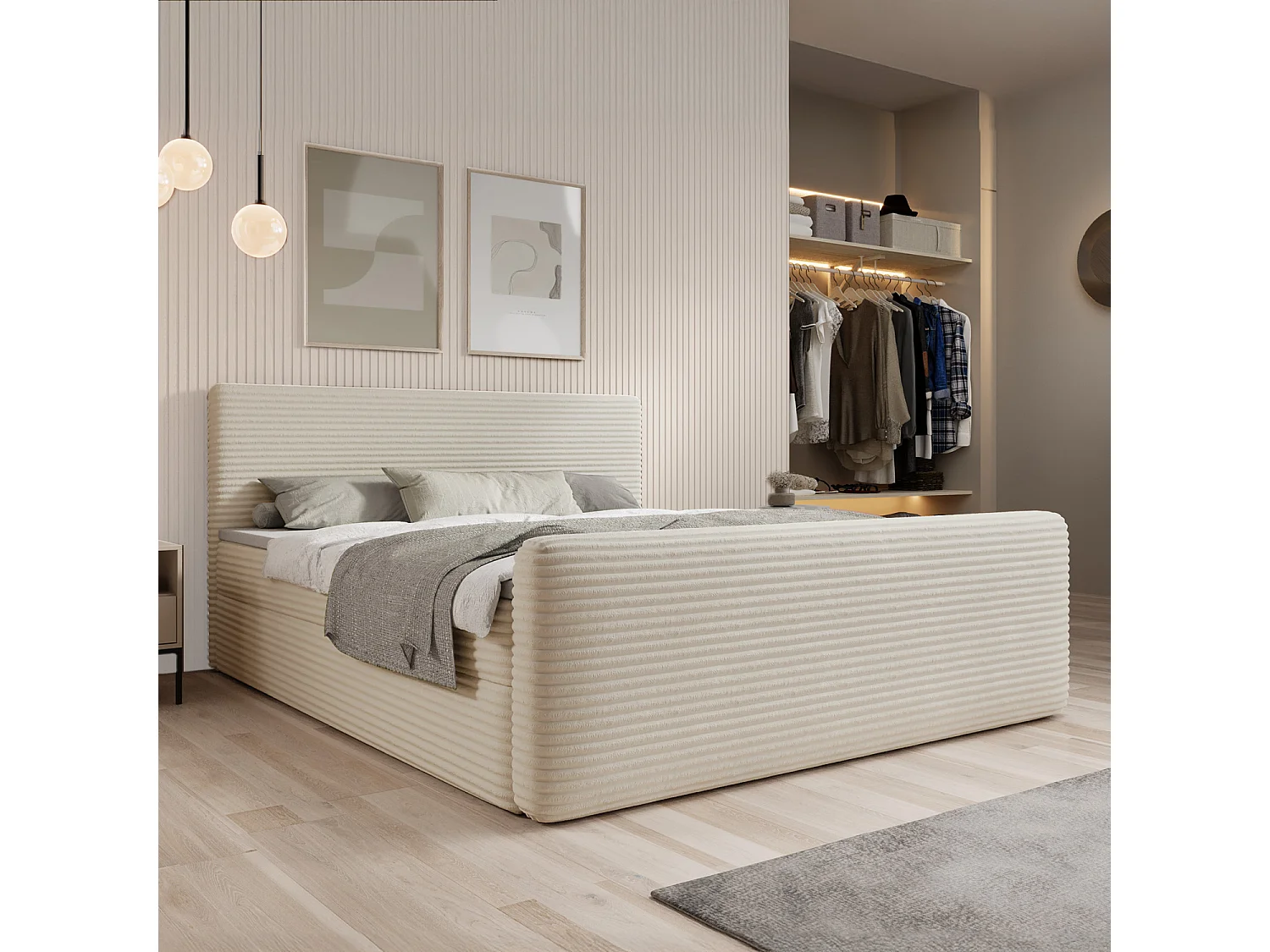Lit coffre + matelas Napoli 140cm velours côtelé Beige