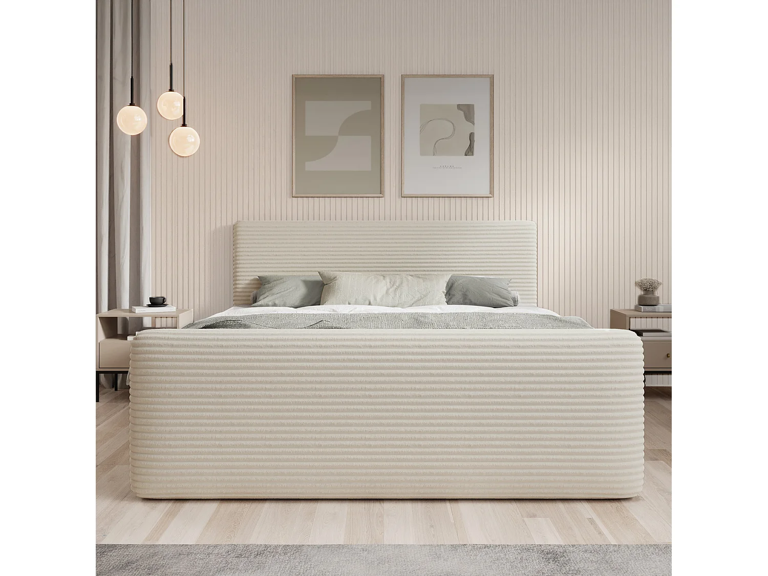 Lit coffre + matelas Napoli 140cm velours côtelé Beige