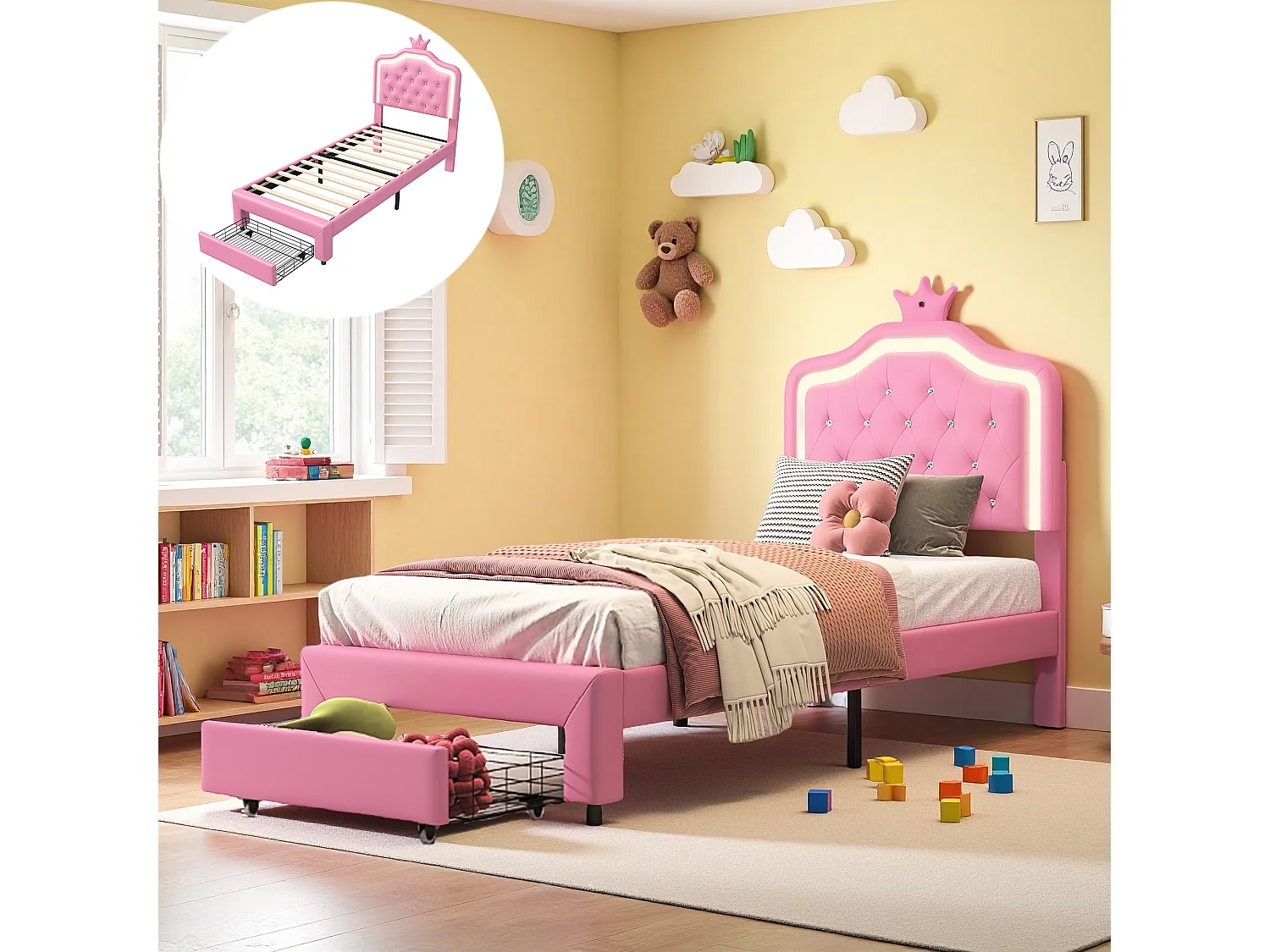 Lit capitonné princesse 90 x 200 cm - sommier à Lattes - lit enfant 90 X 200 cm avec  tiroir et led - PU - Rose