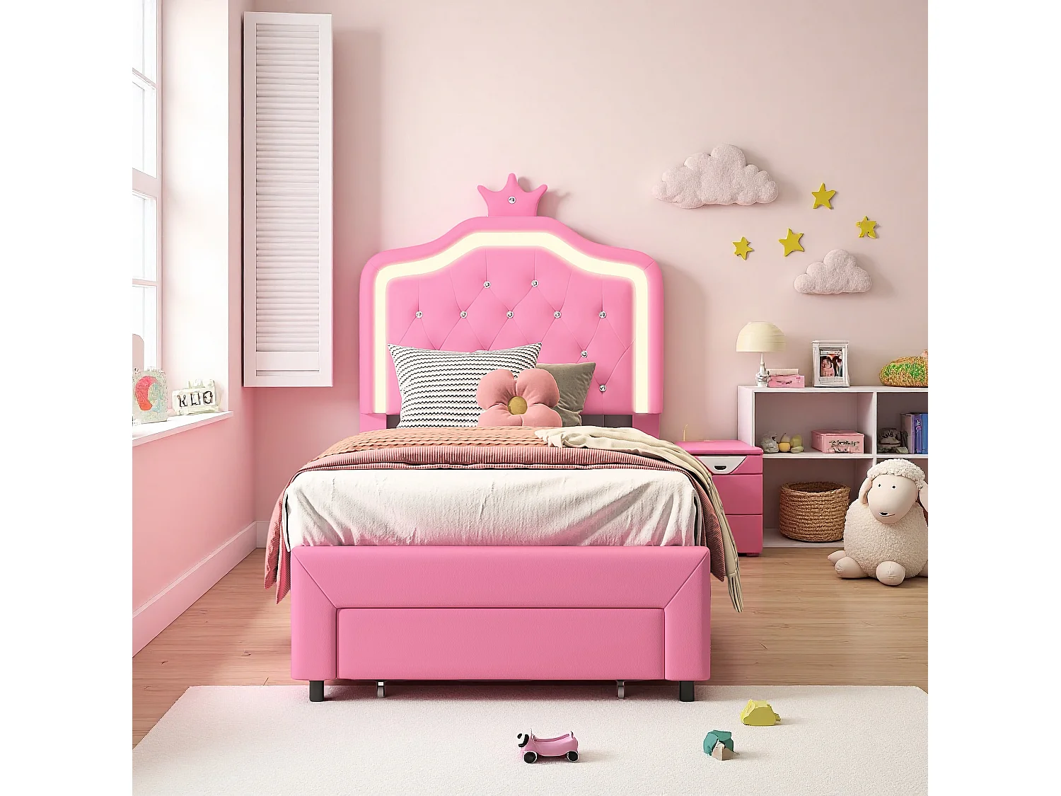 Lit capitonné princesse 90 x 200 cm - sommier à Lattes - lit enfant 90 X 200 cm avec  tiroir et led - PU - Rose