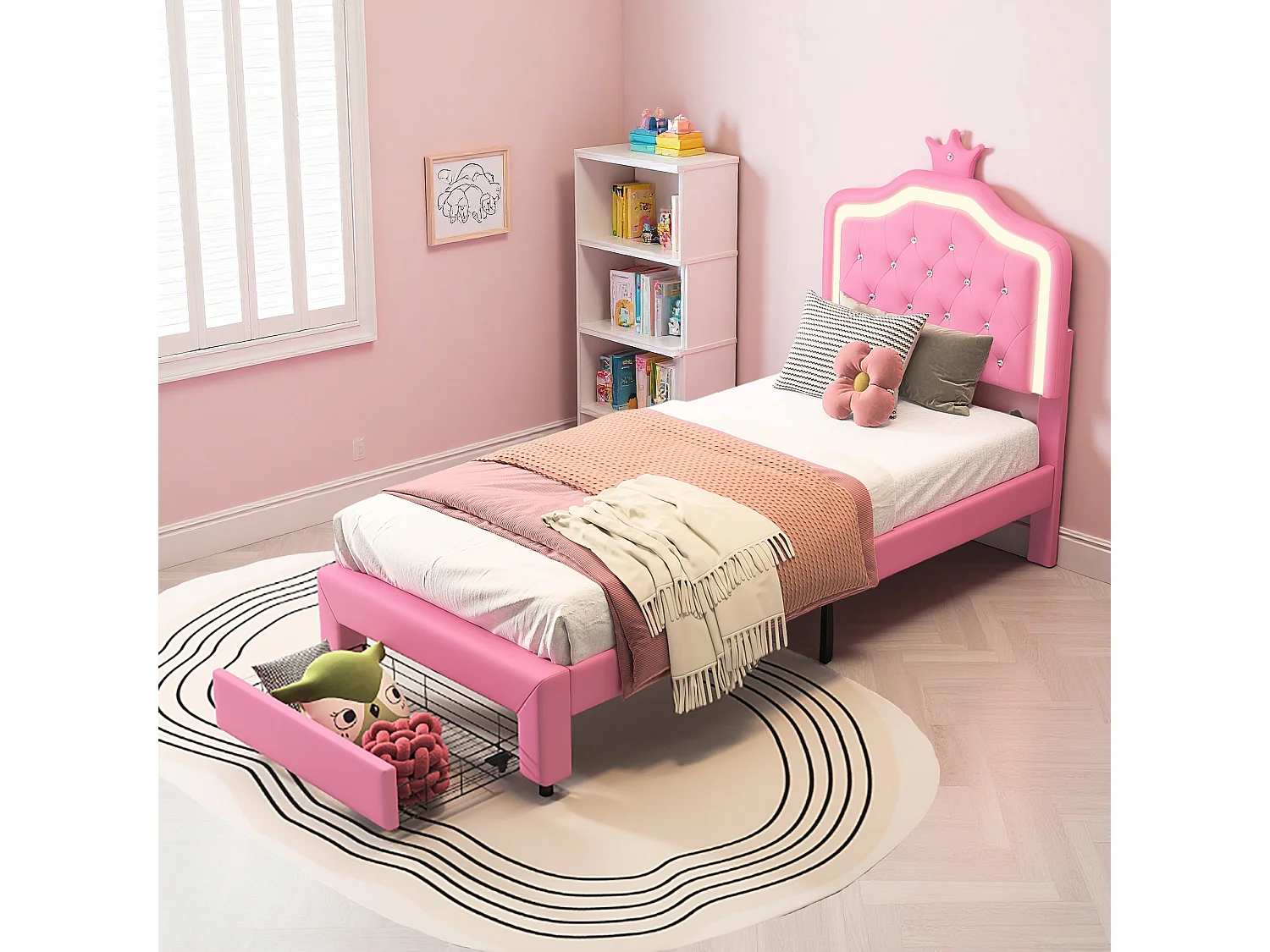 Lit enfant princesse capitonné 90 x 200 cm avec sommier à lattes - Tiroir de rangement et LED - Simili cuir rose