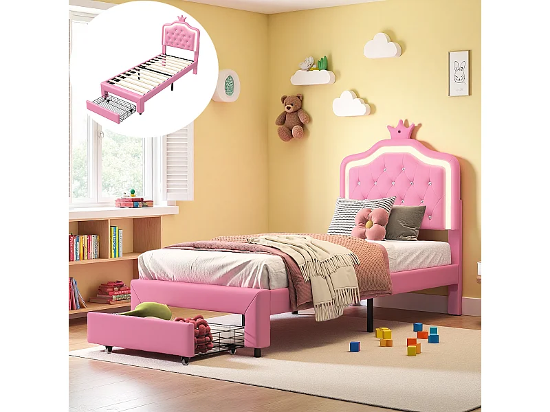 Lit capitonné princesse 90 x 200 cm - sommier à Lattes - lit enfant 90 X 200 cm avec  tiroir et led - PU - Rose