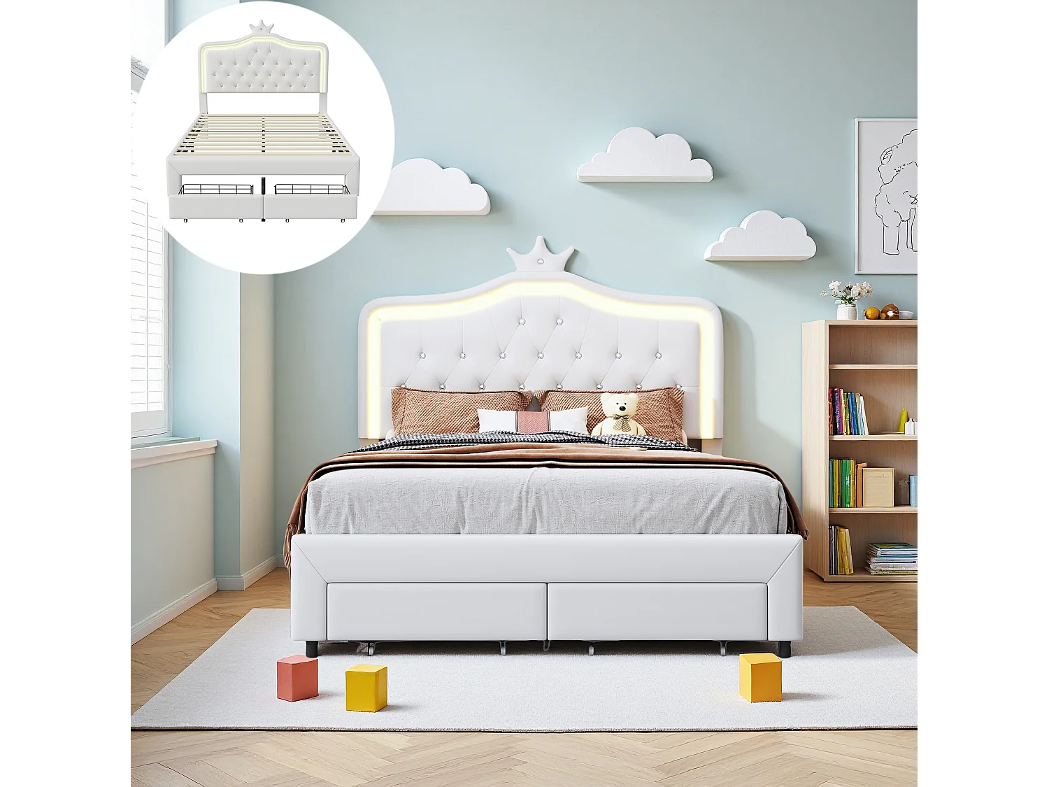 Lit capitonné princesse 140 x 200 cm - sommier à Lattes - lit enfant 140 X 200 cm avec  tiroir et led - PU - Blanc