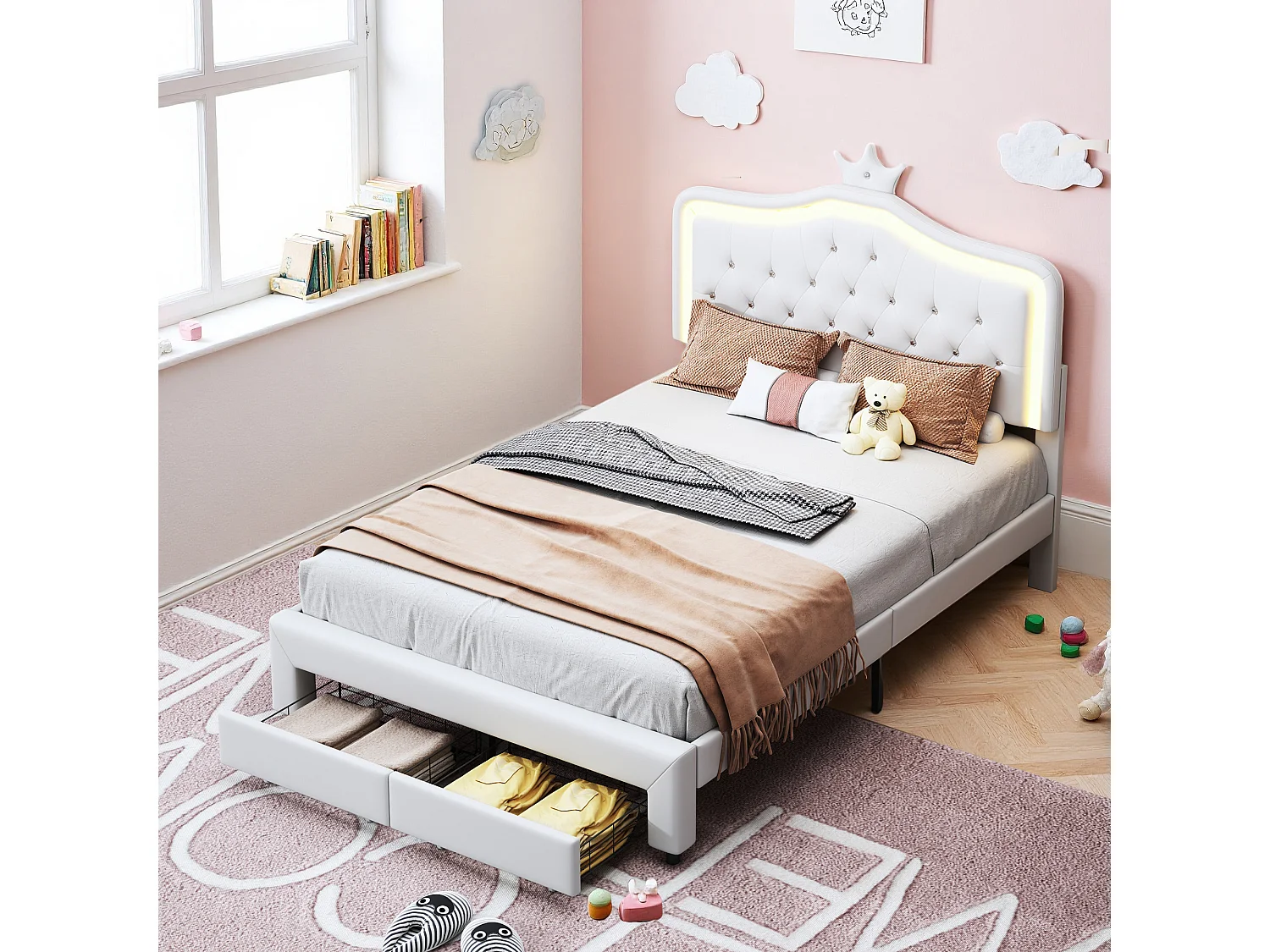 Lit capitonné princesse 140 x 200 cm - sommier à Lattes - lit enfant 140 X 200 cm avec  tiroir et led - PU - Blanc