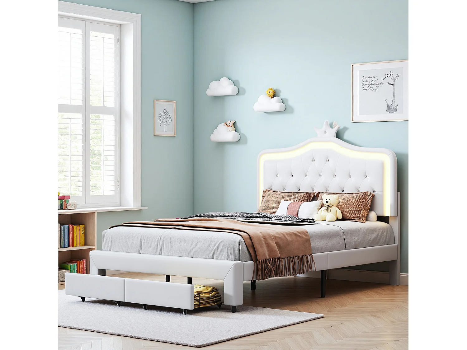 Lit capitonné princesse 140 x 200 cm - sommier à Lattes - lit enfant 140 X 200 cm avec  tiroir et led - PU - Blanc