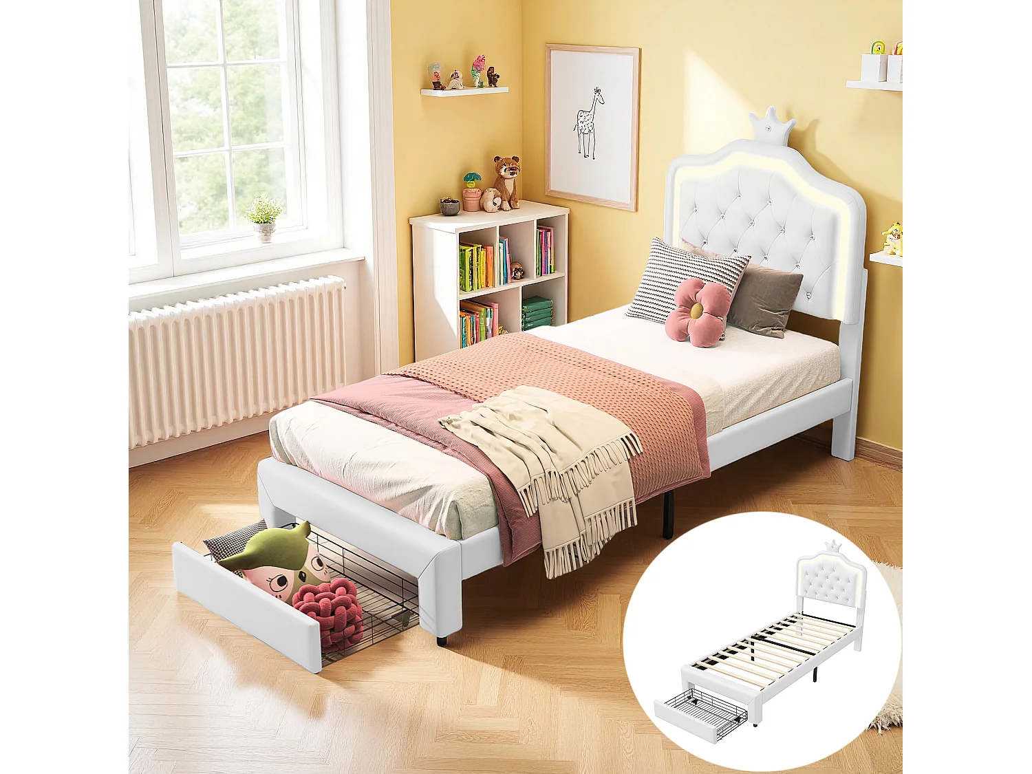 Lit capitonné princesse 90 x 200 cm - sommier à Lattes - lit enfant 90 X 200 cm avec  tiroir et led - PU - Blanc