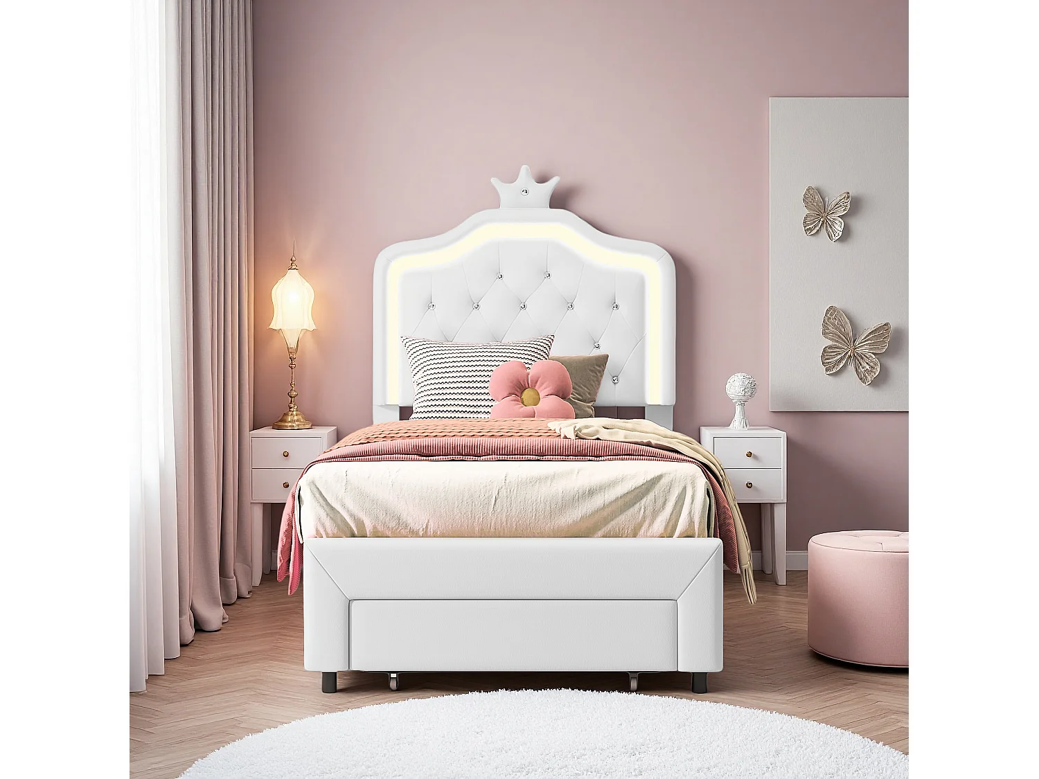 Lit enfant princesse capitonné 90 x 200 cm avec sommier à lattes - Tiroir de rangement et LED - Simili cuir blanc