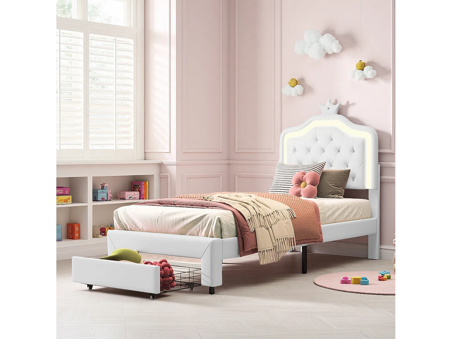 Lit enfant princesse capitonné 90 x 200 cm avec sommier à lattes - Tiroir de rangement et LED - Simili cuir blanc