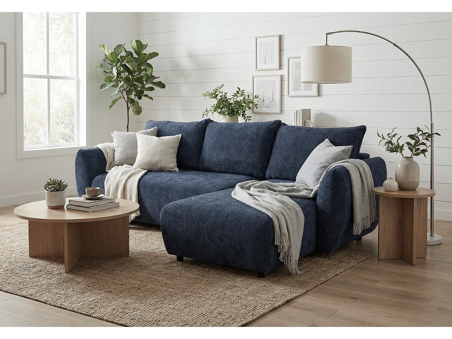 Canapé d’angle droit convertible élégant ZEPHIRA 258 × 170 cm en tissu FLOW 22 bleu foncé