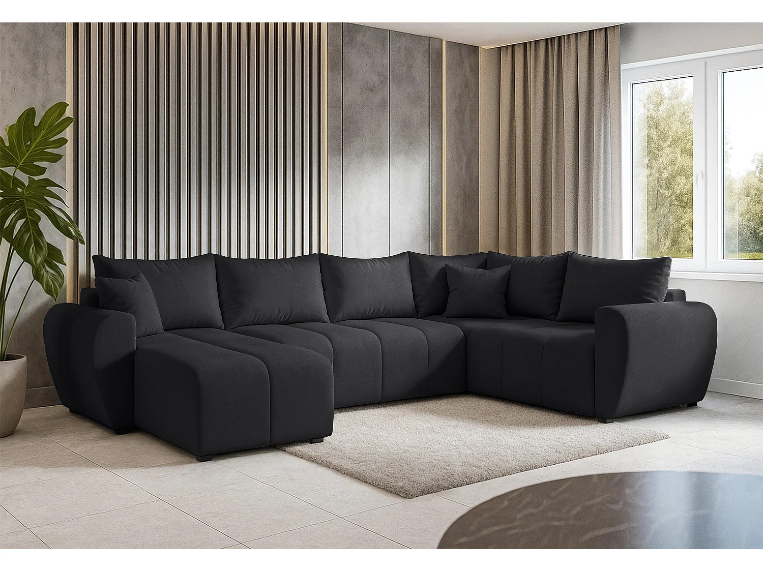 AX LIVING Canapé XXL en U Malatya noir 303 cm moderne convertible droite