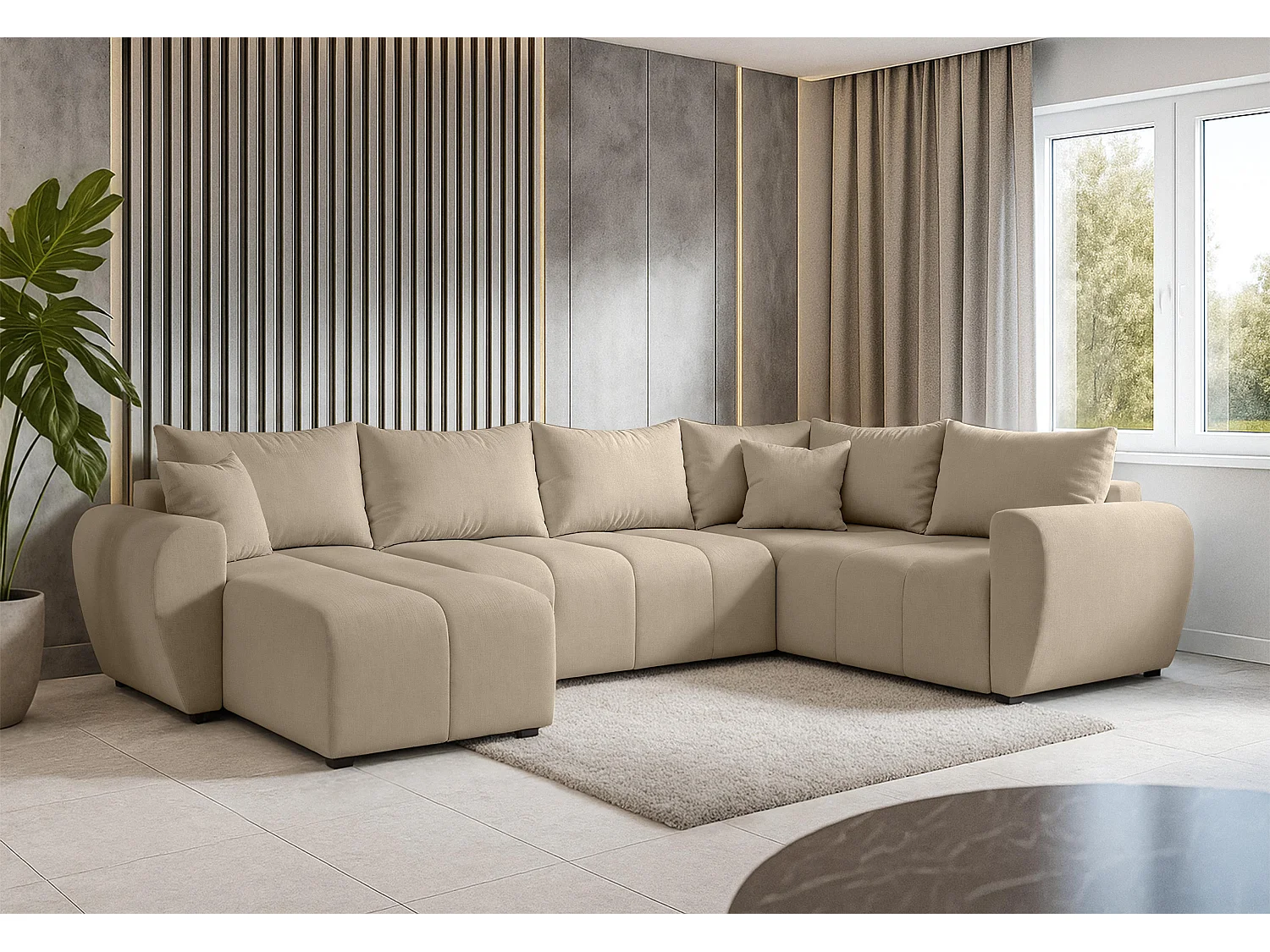 AX LIVING Canapé XXL en U Malatya marron clair 303 cm convertible droite