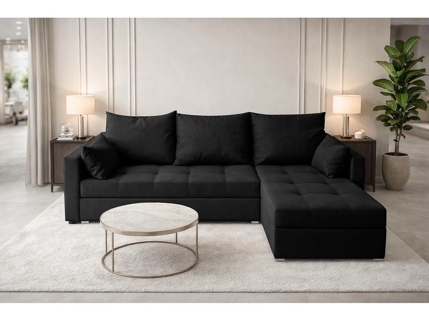 AX LIVING Canapé d’angle ELIF noir convertible avec coffre L moderne droite