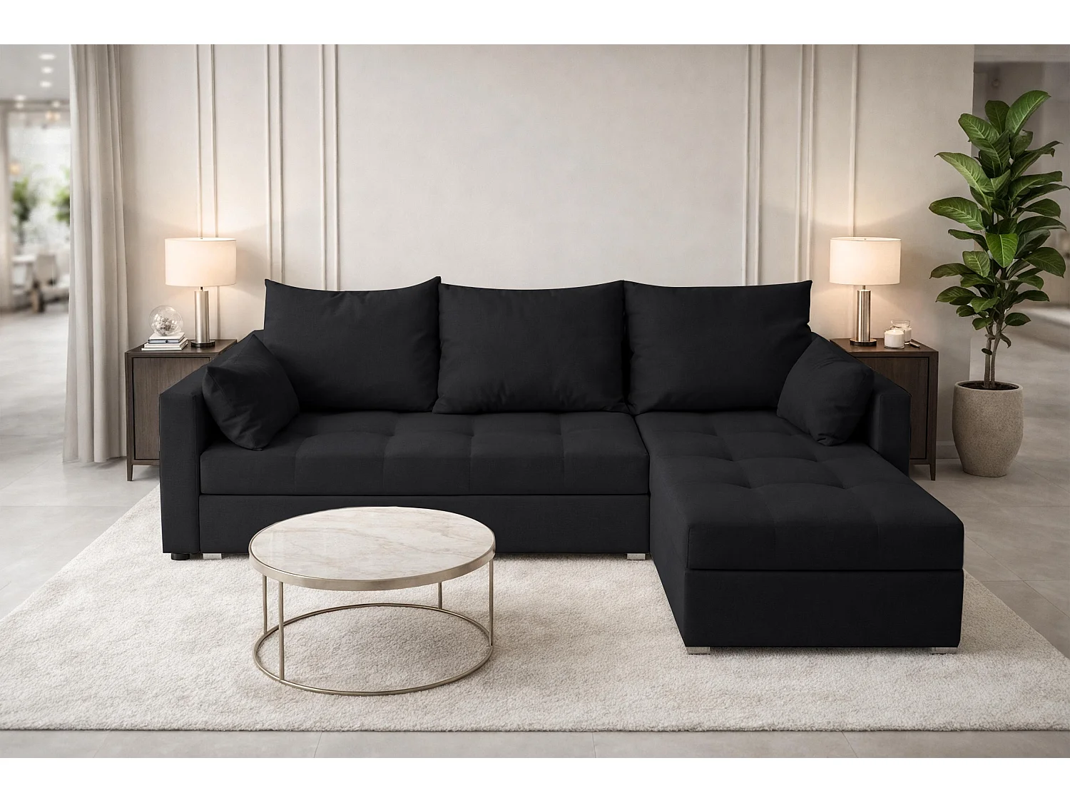 AX LIVING Canapé d’angle ELIF noir convertible avec coffre L moderne droite