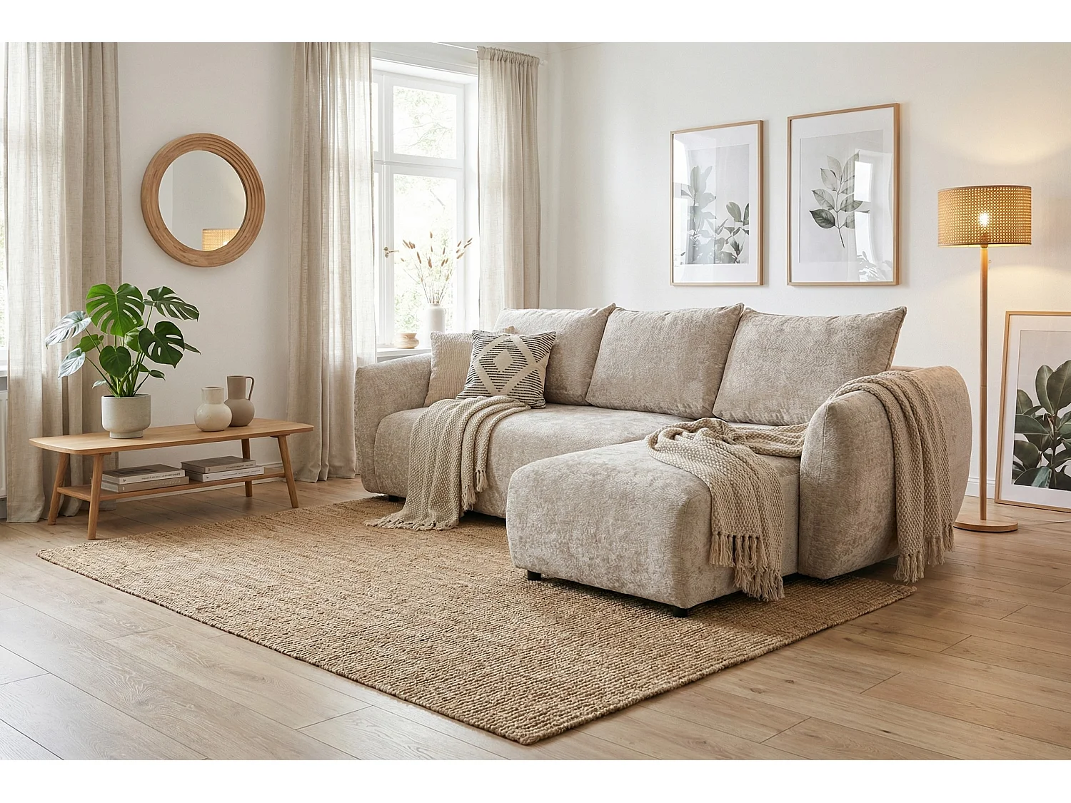 Canapé d’angle droit convertible élégant ZEPHIRA 258 × 170 cm en tissu FLOW 3 beige