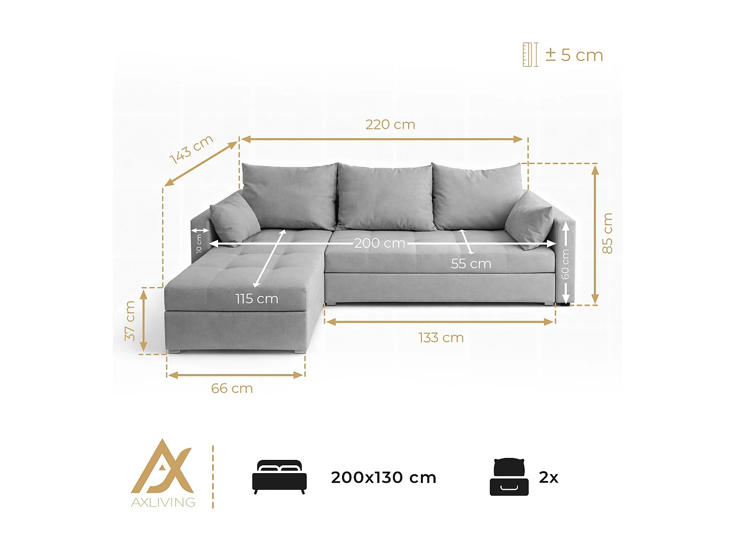 AX LIVING Canapé d’angle ELIF rose convertible avec coffre L moderne droite