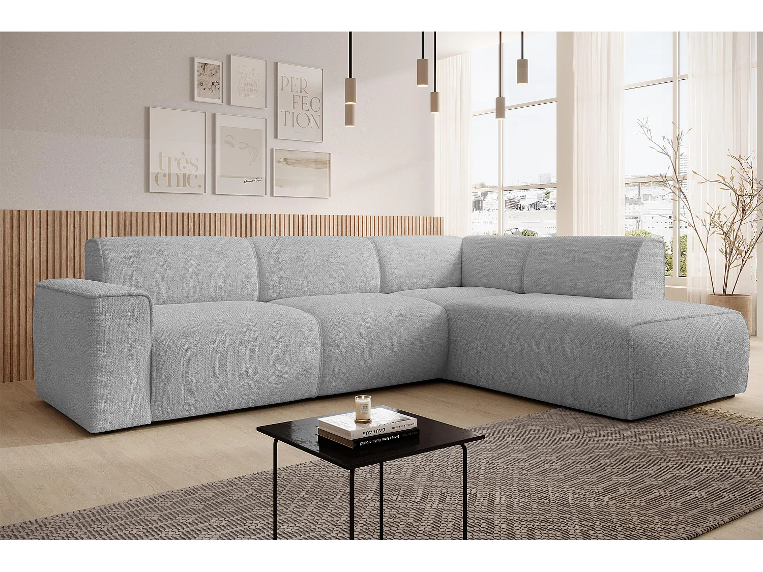 AX LIVING Canapé d’angle L Didim L gris clair 292 cm élégant confortable droite