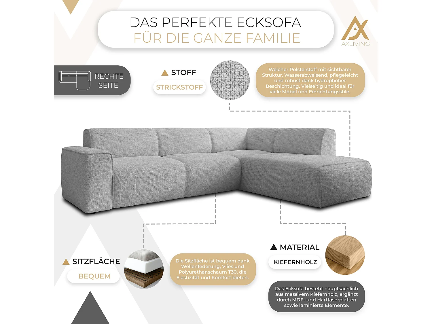 AX LIVING Canapé d’angle L Didim L gris clair 292 cm élégant confortable droite