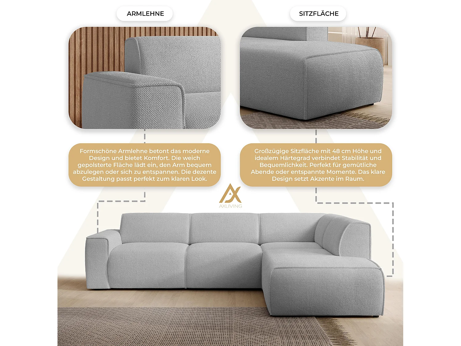 AX LIVING Canapé d’angle L Didim L gris clair 292 cm élégant confortable droite