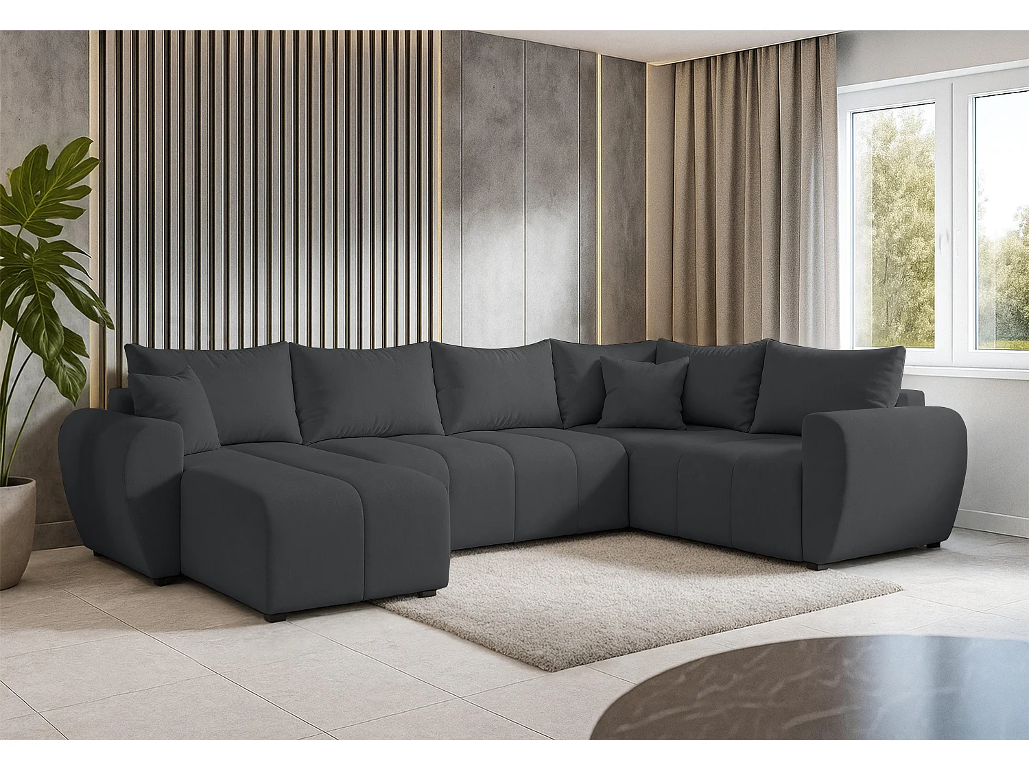 AX LIVING Canapé XXL en U Malatya gris foncé 303 cm convertible droite