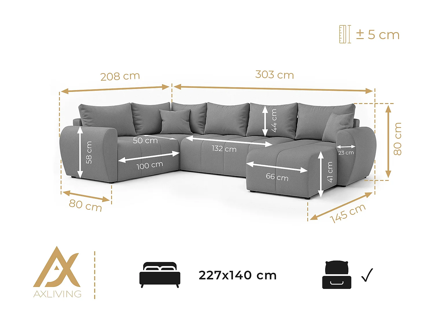 AX LIVING Canapé XXL en U Malatya gris foncé 303 cm convertible droite