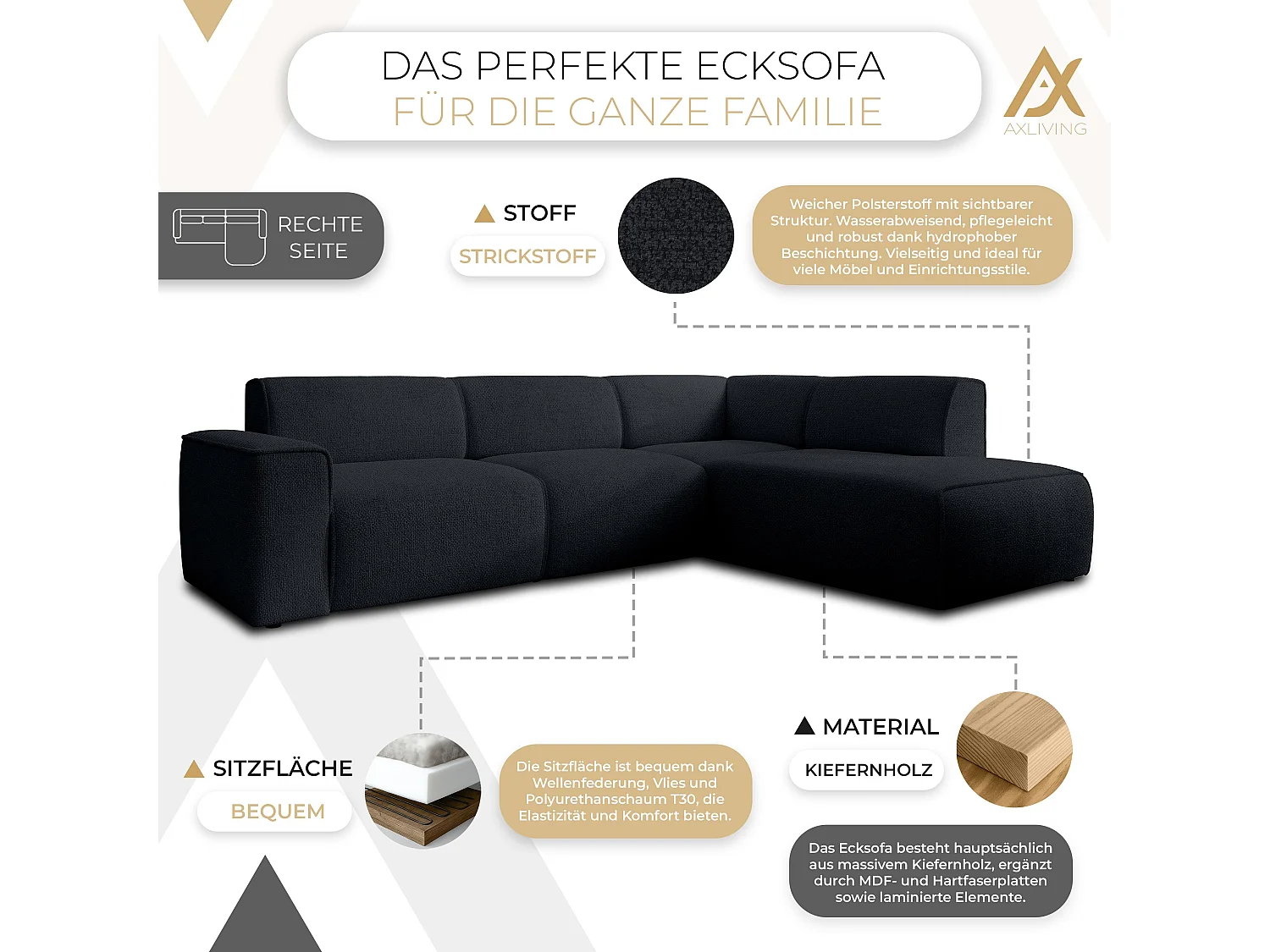 AX LIVING Couch Sofa L Form Didim L Schwarz – 292 cm, stilvoll & bequem R